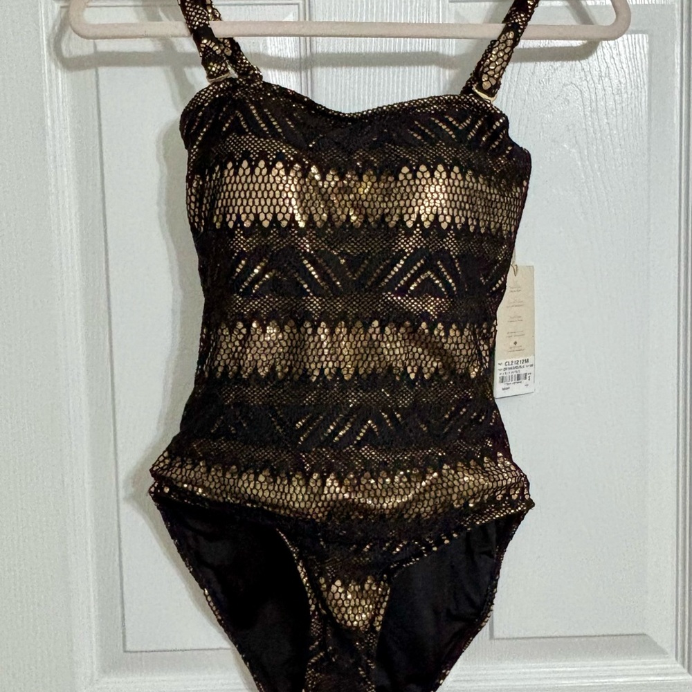 Casita Linda Beachwear Gold Metallic and Black One Piece. Size Small NWT